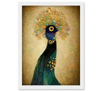 Artery8 Elegant Peacock Portrait In Emerald & Gold Gustav Klimt Artwork Framed Wall Art Print A4 in White Artery8 White