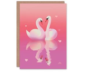 Artery8 Elegant Swan Couple Gliding on Serene Pink Lake Valentine's Day Card