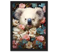 Artery8 Elegant White Koala Bear Nestled in White Blue and Pink Blooming Flowers Floral Oil Painting Artwork Framed A3 Wall Art Print