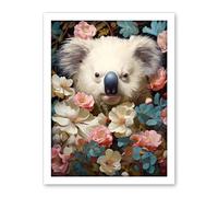 Artery8 Elegant White Koala Bear Nestled in White Blue and Pink Blooming Flowers Floral Oil Painting Artwork Framed Wall Art Print 18X24 Inch