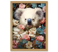 Artery8 Elegant White Koala Bear Nestled in White Blue and Pink Blooming Flowers Floral Oil Painting Artwork Framed Wall Art Print A4