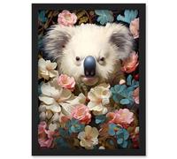 Artery8 Elegant White Koala Bear Nestled in White Blue and Pink Blooming Flowers Floral Oil Painting Artwork Framed Wall Art Print A4