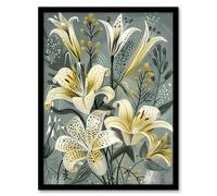 Artery8 Elegant White Lily Bouquet Grey Gold Floral Framed Art Print | Size: A4 Artery8 Grey A4