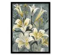 Artery8 Elegant White Lily Bouquet Grey Gold Floral Living Room Artwork Framed Wall Art Print 18X24 Inch