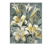 Artery8 Elegant White Lily Bouquet Grey Gold Floral Wall Art Print | Size: W12" x H16" Artery8 Grey W12" x H16"