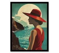 Elegant Woman Italian Coast Travel Vintage Style Framed Wall Art Artery8 Blue A4