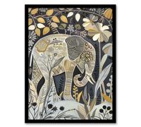 Artery8 Elephant Flowers Artwork Quirky Floral Folk Art Framed Art Print | Size: A4 Artery8 Multicolor A4