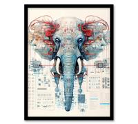 Artery8 Elephant Robot Hybrid Schematic Blueprint Futuristic Secret Complex Arcane Manuscript Gift For Him Man Cave Art Print Framed Poster Wall Artery8 Black W12" x H16"