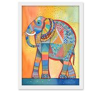 Artery8 Elephant With Geometric Patterns Folk Art Watercolour Painting Artwork Framed A3 Wall Art Print