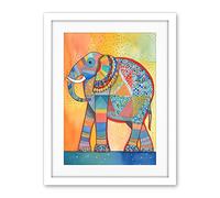 Artery8 Elephant With Geometric Patterns Folk Art Watercolour Painting Artwork Framed Wall Art Print 18X24 Inch