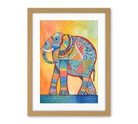 Artery8 Elephant With Geometric Patterns Folk Art Watercolour Painting Artwork Framed Wall Art Print 18X24 Inch