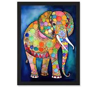 Artery8 Elephant With Patterns Folk Art Watercolour Painting Artwork Framed A3 Wall Art Print