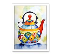 Artery8 Enamelled Patterned Teapot Tea Kettle Folk Art Watercolour Painting Artwork Framed Wall Art Print 18X24 Inch