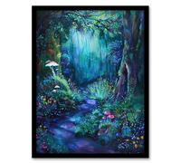 Artery8 Enchanted Forest Bioluminescent Fantasy Magical Framed Art Print in Blue | Size: A4 Artery8 Blue A4