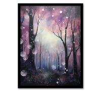 Artery8 Enchanted Forest Bubbles Oil Painting Pink Blue Winter Tree Silhouettes Misty Fantasy Landscape Colourful Magical Nature Mystical Modern Artwork Framed Wall Art Print 18X24 Inch