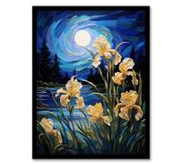 Artery8 Enchanting Iris Flowers Blooming Fantasy Full Moon Artwork Framed Wall Art Print 18X24 Inch