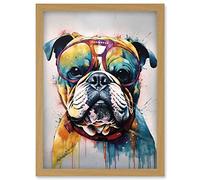 English Bulldog Dog Wearing Vintage Sunglasses Artwork Framed Wall Art Print A4 Artery8 Light Oak One Size