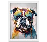 English Bulldog Dog Wearing Vintage Sunglasses Artwork Framed Wall Art Print A4 Artery8 White One Size