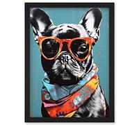 Artery8 English Bulldog Wearing Bandana and Sunglasses Artwork Framed Wall Art Print A4