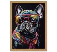 English Bulldog Wearing Sunglasses and Bandana Artwork Framed Wall Art Print A4 Artery8 Light Oak One Size