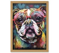 English Bulldog Wearing Sunglasses Modern Detailed Artwork Framed Wall Art Print A4 Artery8 Light Oak One Size