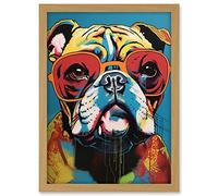 Artery8 English Bulldog Wearing Sunglasses Modern Pop Art Artwork Framed A3 Wall Art Print