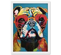 Artery8 English Bulldog Wearing Sunglasses Modern Pop Art Artwork Framed Wall Art Print A4