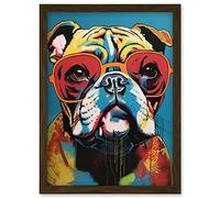Artery8 English Bulldog Wearing Sunglasses Modern Pop Art Artwork Framed Wall Art Print A4