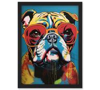 Artery8 English Bulldog Wearing Sunglasses Modern Pop Art Artwork Framed Wall Art Print A4