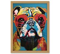 English Bulldog Wearing Sunglasses Modern Pop Art Artwork Framed Wall Art Print A4 Artery8 Light Oak One Size
