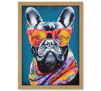 Artery8 English Bulldog with Neon Bandana and Sunglasses Artwork Framed A3 Wall Art Print