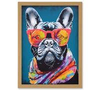 English Bulldog with Neon Bandana and Sunglasses Artwork Framed Wall Art Print A4 Artery8 Light Oak One Size