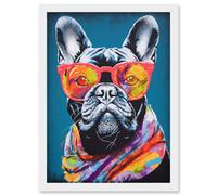 Artery8 English Bulldog with Neon Bandana and Sunglasses Artwork Framed Wall Art Print A4