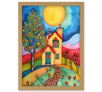 English Country Home Folk Art Artwork Framed Wall Art Print A4 Artery8 Light Oak One Size