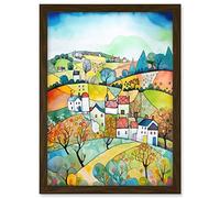 Artery8 English Country Rural Landscape Folk Art Watercolour Painting Artwork Framed A3 Wall Art Print