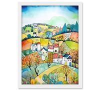 Artery8 English Country Rural Landscape Folk Art Watercolour Painting Artwork Framed A3 Wall Art Print