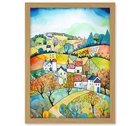 Artery8 English Country Rural Landscape Folk Art Watercolour Painting Artwork Framed A3 Wall Art Print