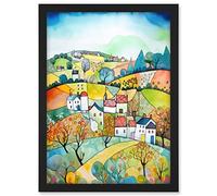 Artery8 English Country Rural Landscape Folk Art Watercolour Painting Artwork Framed A3 Wall Art Print