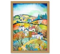 Artery8 English Country Rural Landscape Folk Art Watercolour Painting Artwork Framed Wall Art Print A4 in Light Oak Artery8 Light Oak