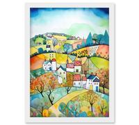 Artery8 English Country Rural Landscape Folk Art Watercolour Painting Artwork Framed Wall Art Print A4 in White Artery8 White