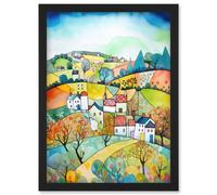 Artery8 English Country Rural Landscape Folk Art Watercolour Painting Artwork Framed Wall Art Print A4 in Black Artery8 Black