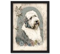 Artery8 English Sheepdog with Flower Blooms Boho Portrait Watercolour Illustration Artwork Framed Wall Art Print A4 in Black Artery8 Black