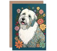 Artery8 English Sheepdog with Multicolour Daisies Bright Flowers Modern Illustration Art Birthday Sealed Greeting Card Plus Envelope Blank inside