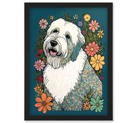 Artery8 English Sheepdog with Multicolour Daisies Bright Flowers Modern Illustration Artwork Framed Wall Art Print A4 in Black Artery8 Black