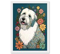 Artery8 English Sheepdog with Multicolour Daisies Bright Flowers Modern Illustration Artwork Framed Wall Art Print A4 in White Artery8 White