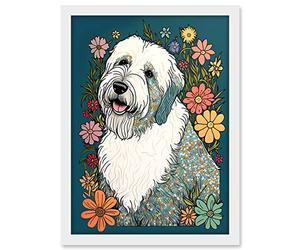 Artery8 English Sheepdog with Multicolour Daisies Bright Flowers Modern Illustration Artwork Framed A3 Wall Art Print