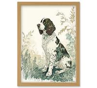 Artery8 English Springer Spaniel Dog in Field Modern Pastel Watercolour Illustration Artwork Framed Wall Art Print A4 in Light Oak Artery8 Light Oak