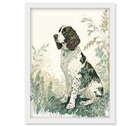 Artery8 English Springer Spaniel Dog in Field Modern Pastel Watercolour Illustration Artwork Framed Wall Art Print A4 in White Artery8 White