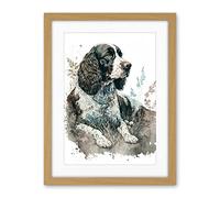 Artery8 English Springer Spaniel Dog Lying in Field Modern Watercolour Illustration Artwork Framed Wall Art Print 18X24 Inch