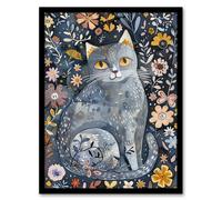 Enjoying Garden Flowers Russian Blue Cat Lover Framed Wall Art Artery8 Blue A4